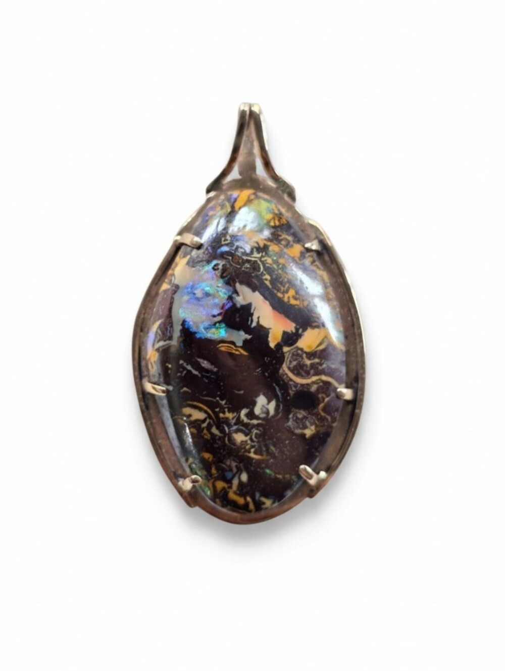 14kt Boulder Opal Marquise Pendant in Brown and Gold - Handmade